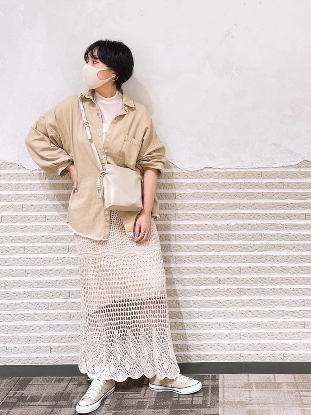 moffy様　　新品　Ample  クロシェニットIラインスカート　Ｆ　ベージュ moffy様新品Ample クロシェニットIラインスカートFベージュ