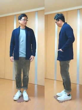 「クルーネックニット」｜がんばるパパさん（メンズ・182cm）の春コーディネート