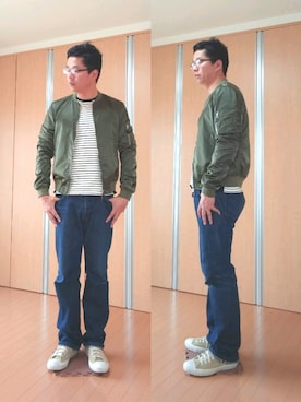 「A.P.C.」｜「アイテム（MA-1）」を使った、がんばるパパさん（メンズ・182cm）の春コーディネート