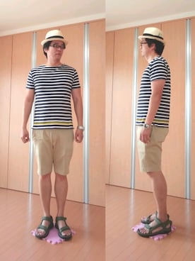 「BEAMS PLUS（ビームスプラス）のアイテム（帽子）」を使った、がんばるパパさん（メンズ・182cm）の夏コーディネート