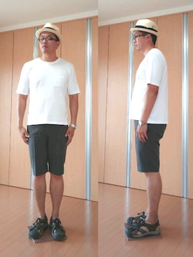 「BEAMS PLUS（ビームスプラス）のアイテム（帽子）」を使った、がんばるパパさん（メンズ・182cm）の夏コーディネート