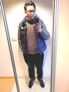 「Pyrenex（ピレネックス）のアイテム（ダウンベスト）」を使った、がんばるパパさん（メンズ・182cm）の春コーディネート
