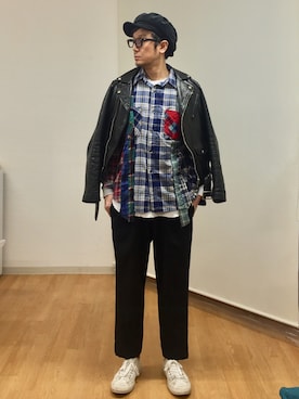 「beautiful people（ビューティフルピープル）のアイテム（ライダースジャケット）」を使った、h.s.k.さん（メンズ・176cm）の冬コーディネート