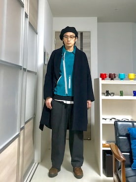 「コート」｜「アイテム（ライダースジャケット）」を使った、h.s.k.さん（メンズ・176cm）の冬コーディネート