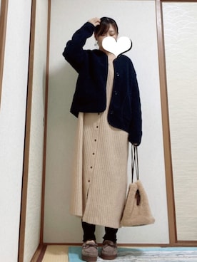 「厚底」｜「アイテム（ノーカラージャケット）」を使った、あおさん（レディース・151cm）の冬コーディネート