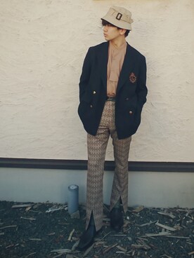 「センタープレスパンツ」｜「アイテム（ジャケット/アウター）」を使った、hamyさん（メンズ・166cm）の春コーディネート