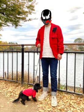 「レッド」｜「アイテム（その他アウター）」を使った、ほさほささん（メンズ・168cm）の秋コーディネート