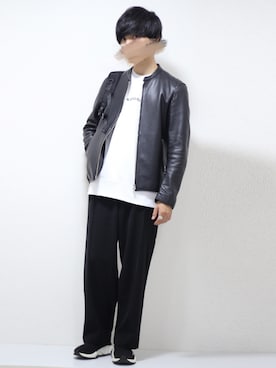 「shiyoh」｜「アイテム（ライダースジャケット）」を使った、ひっちさん（メンズ・172cm）の秋コーディネート