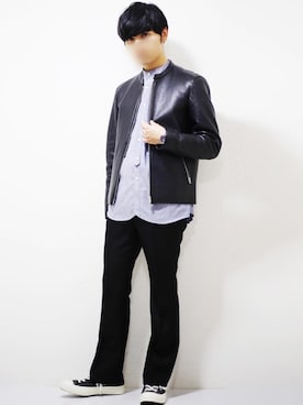 「ノーカラーシャツ」｜「アイテム（ライダースジャケット）」を使った、ひっちさん（メンズ・170cm）の秋コーディネート