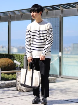 「ボーダーニット」｜「アイテム（チノパンツ）」を使った、ひっちさん（メンズ・172cm）の冬コーディネート