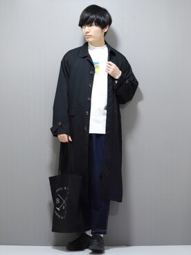 「kutir（クティール）のアイテム（ステンカラーコート）」を使った、ひっちさん（メンズ・172cm）の春コーディネート