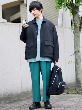 「ノーカラーシャツ」｜「アイテム（ブルゾン）」を使った、ひっちさん（メンズ・172cm）の春コーディネート