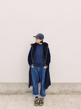 「Champion（チャンピオン）のアイテム（パーカー、ブルー系）」を使った、juejueさん（レディース）の冬コーディネート