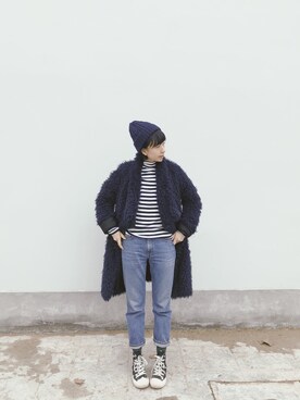 「ZARA（ザラ）のアイテム（ピーコート、ブルー系）」を使った、juejueさん（レディース）の冬コーディネート