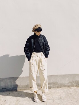 「KANGOL（カンゴール）のアイテム（ハンチング/ベレー帽、ベージュ系）」を使った、juejueさん（レディース）の冬コーディネート