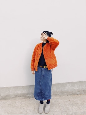 「UNIQLO（ユニクロ）のアイテム（ノーカラージャケット、オレンジ系）」を使った、juejueさん（レディース）の冬コーディネート