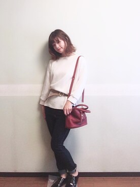 「ワッフルクルーネックＴ」｜「アイテム（その他シューズ）」を使った、miiさん（レディース・157cm）の秋コーディネート