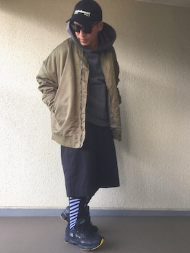 「Yeezy（イージー）のアイテム（キャップ）」を使った、hiroxさん（メンズ・170cm）の冬コーディネート