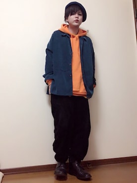 「ストリートカジュアル」｜「アイテム（ハンチング/ベレー帽）」を使った、もふもふさん（メンズ・172cm）の冬コーディネート
