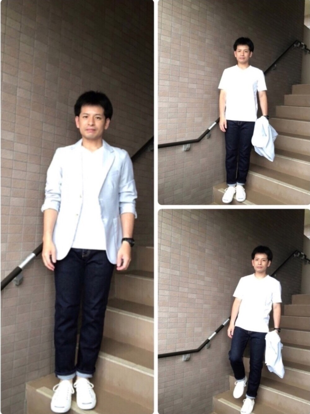 「休日スタイル、大人カジュアル、シンプルコーデ、白Tシャツ、デニム、GU、コンバース、きれいめカジュアル、夏セールで買いました、converse」｜「GUのアイテム（テーラードジャケット、ホワイト系）」を使った、ノーリンさん（メンズ・165cm）の夏コーディネートの1枚目の写真