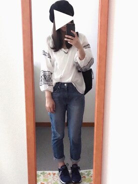 「ジーナシス」｜「アイテム（ハンチング/ベレー帽）」を使った、しちこさん（レディース・158cm）の春コーディネート