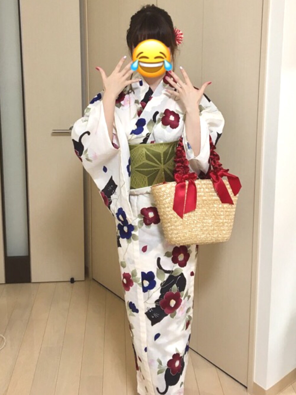 「浴衣、花火大会、ゆかた、赤、ネコ、メゾンドフルール、カコバッグ、リボン、SOUBIEN、summer」｜「SOUBIENのアイテム（浴衣、レッド系）」を使った、nanaさん（レディース・155cm）の夏コーディネートの1枚目の写真