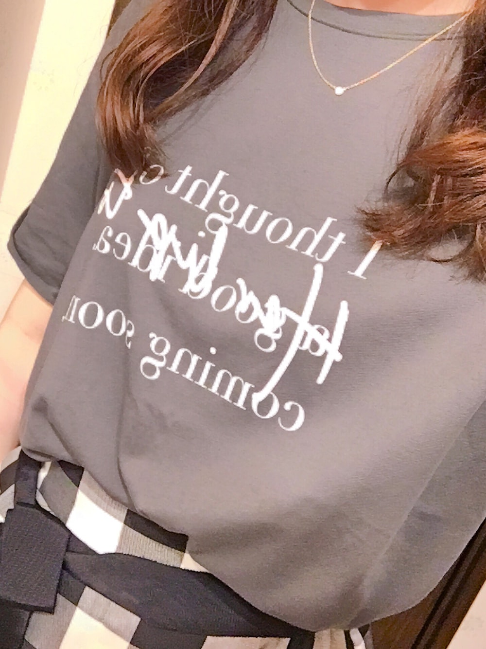 「小嶋陽菜、こじはる、ロゴティー、Tシャツ、カジュアル、ティファニー、ネックレス、夏コーデ、ギンガムチェック、ViS」｜「herliptoのアイテム（Tシャツ/カットソー、グレー系）」を使った、nanaさん（レディース・155cm）の夏コーディネートの1枚目の写真