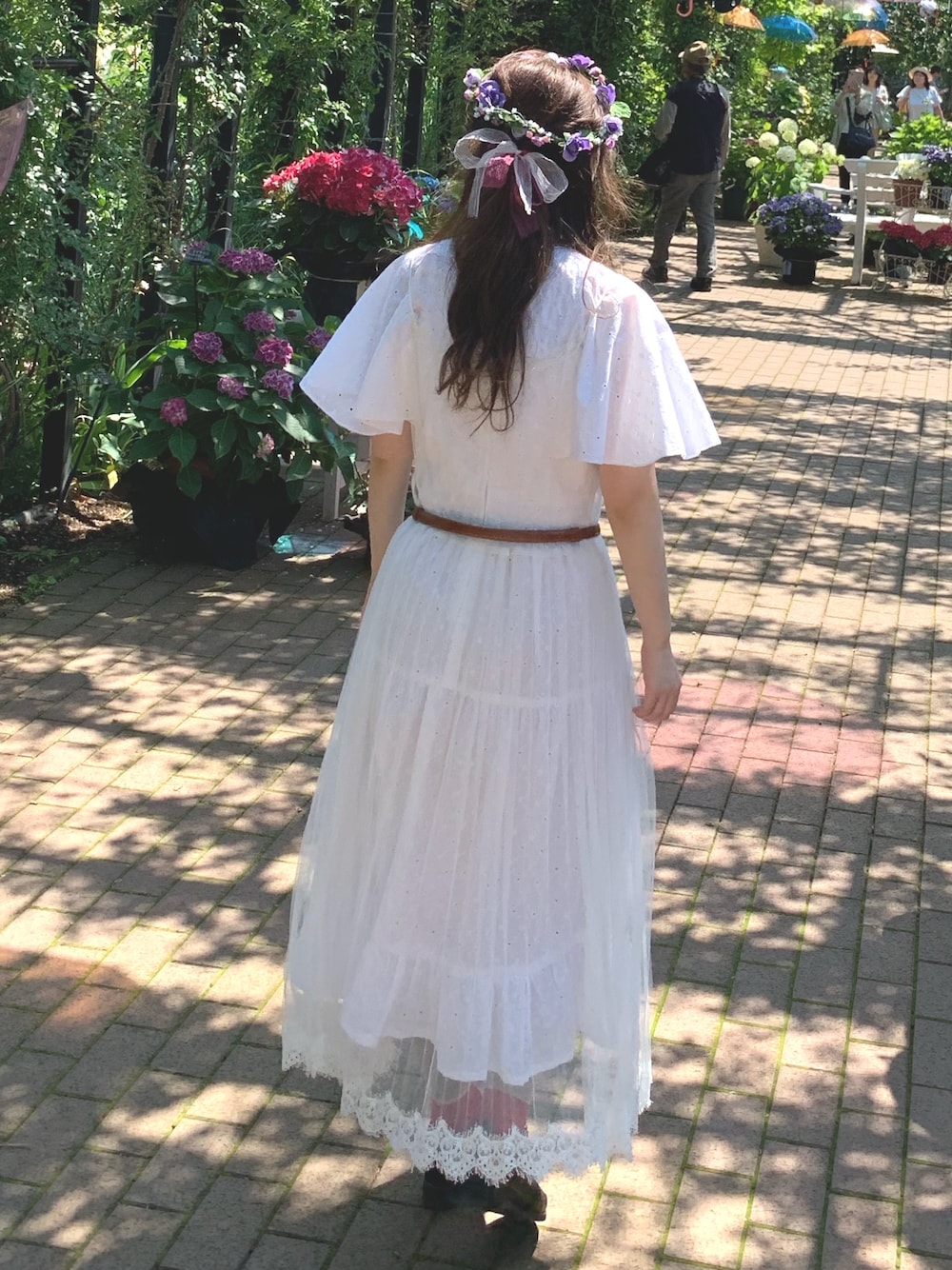 「花見、シンプル、今日のコーデ、お洒落さんとつながりたい、summer、花柄、低身長、夏、FUJIROCKEEN、古着、keen」｜「Grimoireのアイテム（ワンピース、ホワイト系）」を使った、nanaさん（レディース・155cm）の夏コーディネートの1枚目の写真