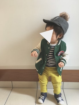 「BOBSON（ボブソン）のアイテム（スタジャン）」を使った、shirousagiさん（キッズ・70cm）の春コーディネート