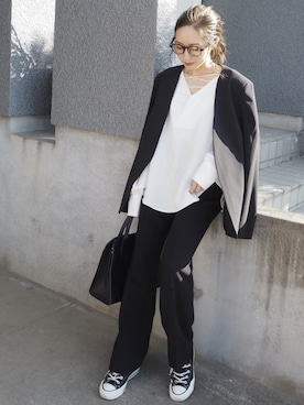 「LAULEN（ローレン）のsemiflare wide pants（スラックス）」を使った、shino◡̈*❤︎さん（レディース・154cm）の冬コーディネート