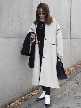 「パイピングコート」｜「アイテム（ステンカラーコート）」を使った、shino◡̈*❤︎さん（レディース・154cm）の冬コーディネート