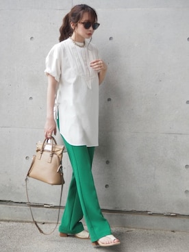 「LAULEN（ローレン）のアイテム（スラックス）」を使った、shino◡̈*❤︎さん（レディース・154cm）の春コーディネート