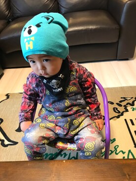 「JOEY HYSTERIC（ジョーイヒステリック）のアイテム（帽子）」を使った、♡ヒステリックリオ♡さん（キッズ・90cm）の秋コーディネート