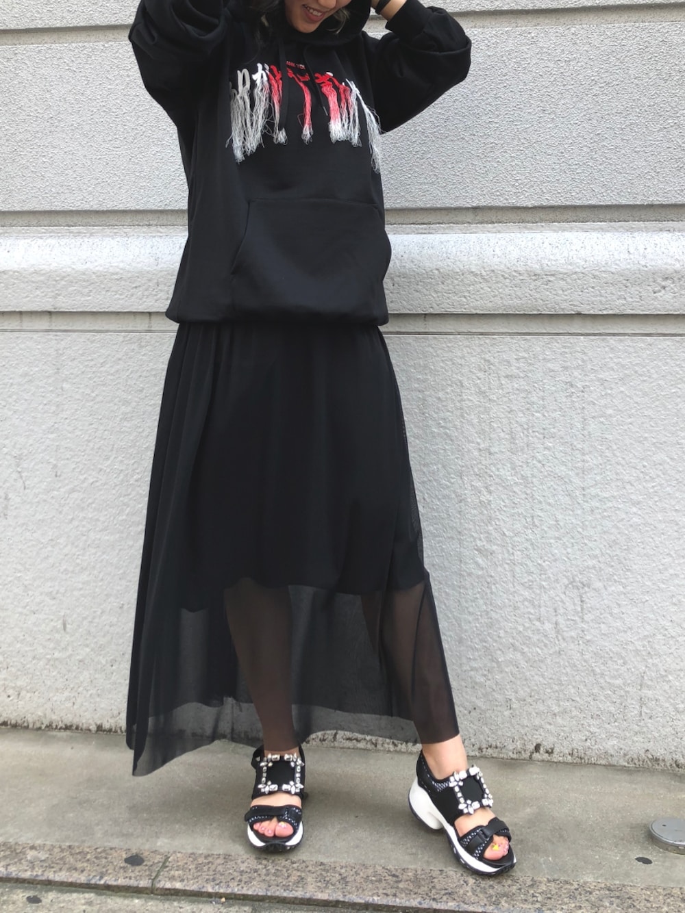 「秋色、きれいめカジュアル、シンプルコーデ、ゆるコーデ、かわいい、低身長コーデ、ラブレス、ダブレット、ラブレス名古屋、ていしんちょう」｜「YOHEI OHNOのアイテム（スカート、ブラック系）」を使った、miho1023さん（レディース・155cm）の夏コーディネートの1枚目の写真