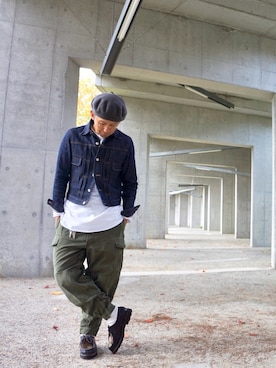 「パラブーツ」｜「アイテム（ハンチング/ベレー帽）」を使った、KONAKAさん（メンズ・172cm）の秋コーディネート