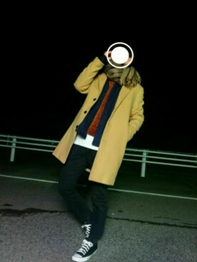 「チェックマフラー」｜「アイテム（チェスターコート）」を使った、ともき / 畳屋さんさん（メンズ・173cm）の冬コーディネート