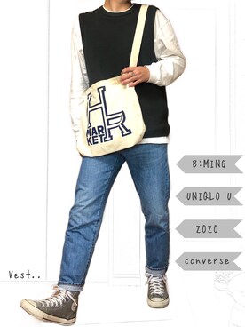 「B:MING by BEAMS（ビーミングバイビームス）のビーミング by ビームス / ビッグカノコ クルーネック ベスト（ベスト）」を使った、べー。さん（メンズ・171cm）の春コーディネート