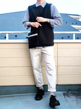 「B:MING by BEAMS（ビーミングバイビームス）のビーミング by ビームス / ビッグカノコ クルーネック ベスト（ベスト）」を使った、べー。さん（メンズ・171cm）の春コーディネート