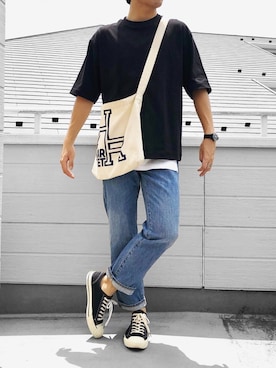 「HOLLYWOOD RANCH MARKET（ハリウッドランチマーケット）のアイテム（トートバッグ）」を使った、べー。さん（メンズ・171cm）の夏コーディネート