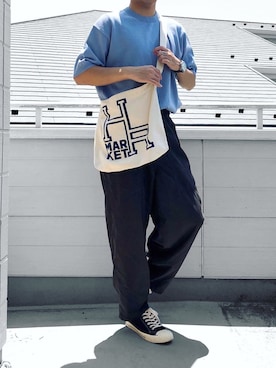 「HOLLYWOOD RANCH MARKET（ハリウッドランチマーケット）のアイテム（トートバッグ）」を使った、べー。さん（メンズ・171cm）の夏コーディネート