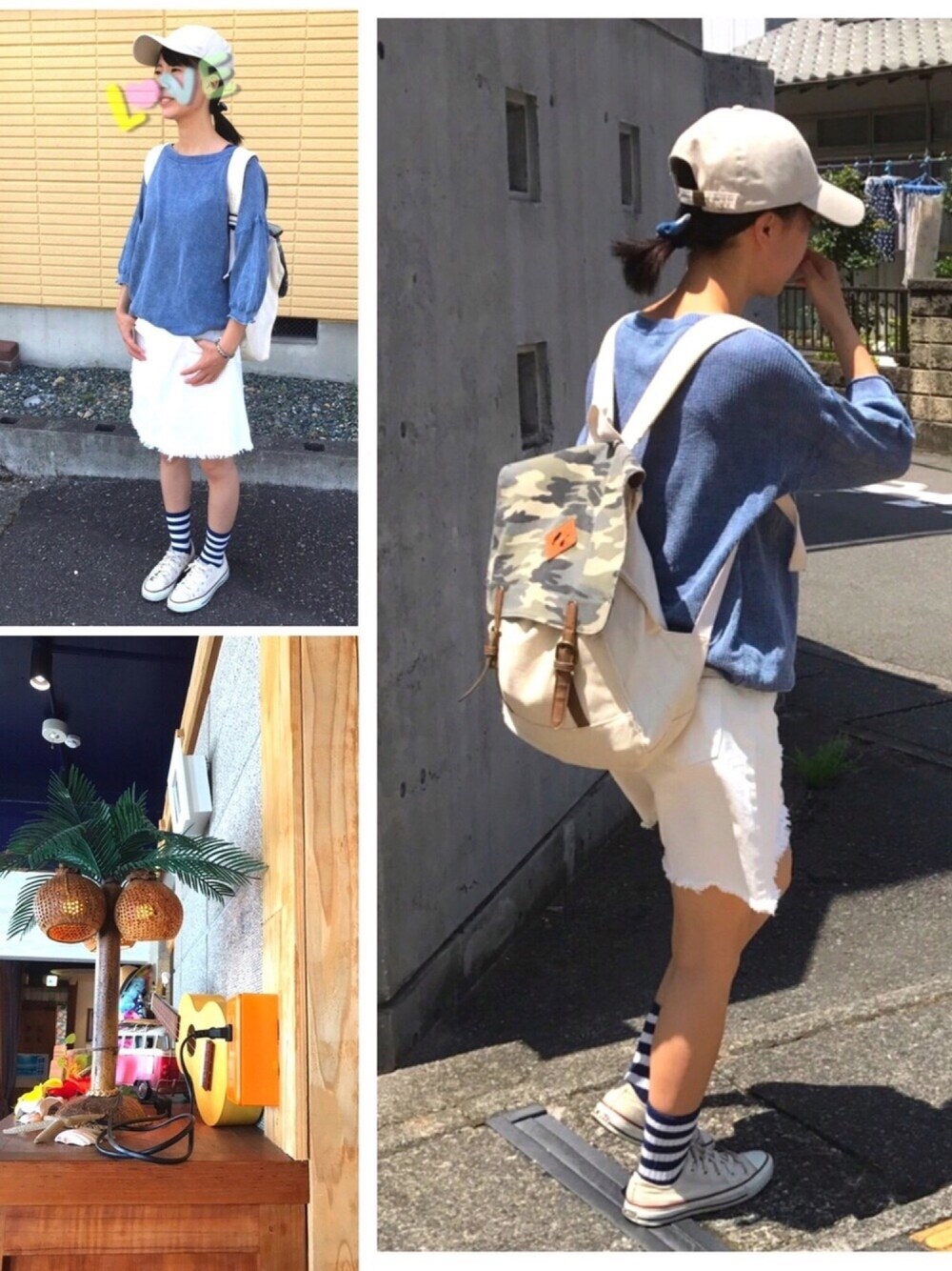 「カジュアル、スニーカー、キャップ、ニット、ミニスカート、コンバース」｜「newhattanの【newhattan】 ニューハッタン キャップ（キャップ、ベージュ系）」を使った、Rinさん（レディース・152cm）の夏コーディネートの1枚目の写真