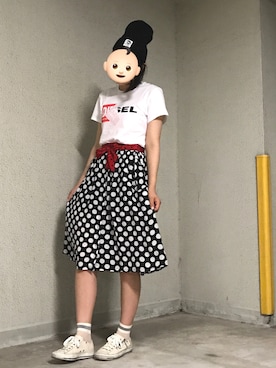 「ひざ丈スカート」｜「アイテム（ニットキャップ/ビーニー）」を使った、etsuさん（レディース・169cm）の夏コーディネート