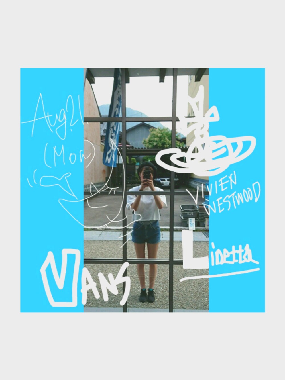 「#vans、#スニーカー、#白、＃デニム、＃アウトドア」｜「Linettaのアイテム（Tシャツ/カットソー、ホワイト系）」を使った、momo_coさん（レディース・160cm）の夏コーディネートの1枚目の写真