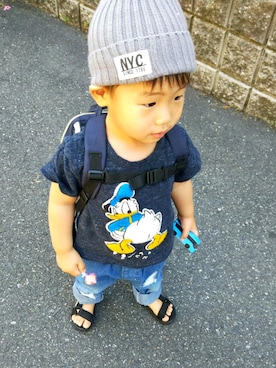 「息子」｜「アイテム（ニットキャップ/ビーニー）」を使った、塩顔系男子な息子さん（キッズ・90cm）の夏コーディネート