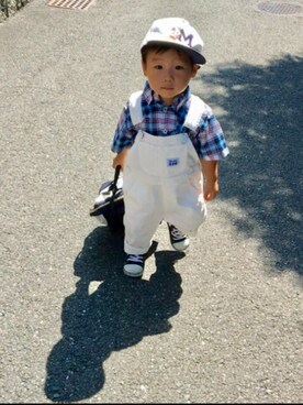 「H&M（エイチ・アンド・エム）のアイテム（帽子、ホワイト系）」を使った、塩顔系男子な息子さん（キッズ・90cm）の夏コーディネート