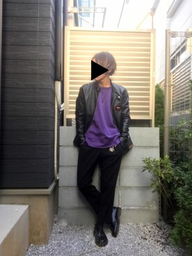 ライダースジャケットを使った 黒 紫 のメンズ人気ファッションコーディネート Wear