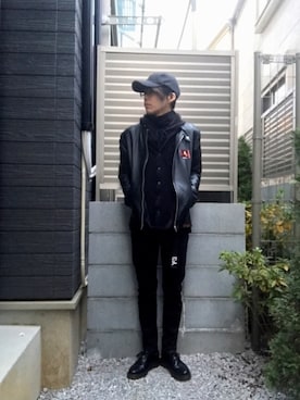 「ベロア」｜「アイテム（ライダースジャケット）」を使った、たくやさん（メンズ・169cm）の冬コーディネート