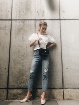 「EVRIS（エヴリス）のオフショルコットンレースブラウス（シャツ/ブラウス、ホワイト系）」を使った、yukino さん（レディース・164cm）の春コーディネート