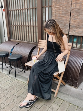 「LAGUNAMOON（ラグナムーン）のニットドッキングギャザーワンピース（ワンピース、ブラック系）」を使った、yukino さん（レディース・164cm）の夏コーディネート