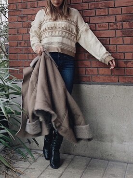 「RESEXXY（リゼクシー）の幾何学フリンジニットトップス（ニット/セーター、ホワイト系）」を使った、yukino さん（レディース・164cm）の冬コーディネート